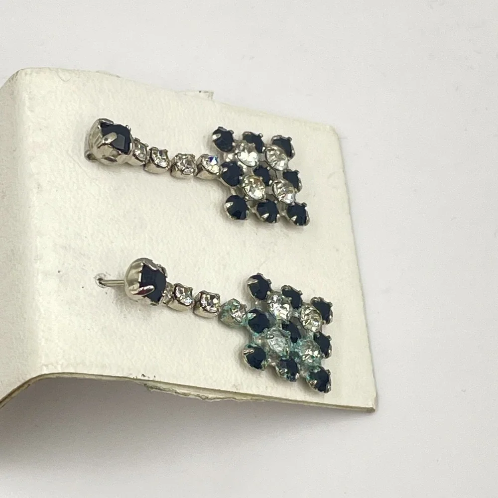 Vintage‎ Silver-Tone Glamour Prong Rhinestone Beads Checkerboard Dangle Earrings